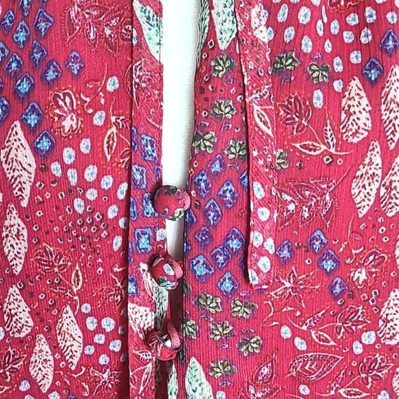 LOFT Red Sheer Blouse, Blue & White Print, Ruffled Collar & Cuffs, Size XL - Picture 6 of 13